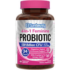 Surebounty Probiotics for Women bottle front shows high-potency formula for daily wellness.