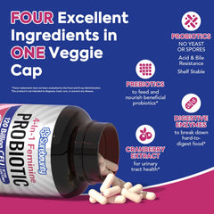 Surebounty Probiotics Women label highlights 34 strains and cranberry extract for balance.