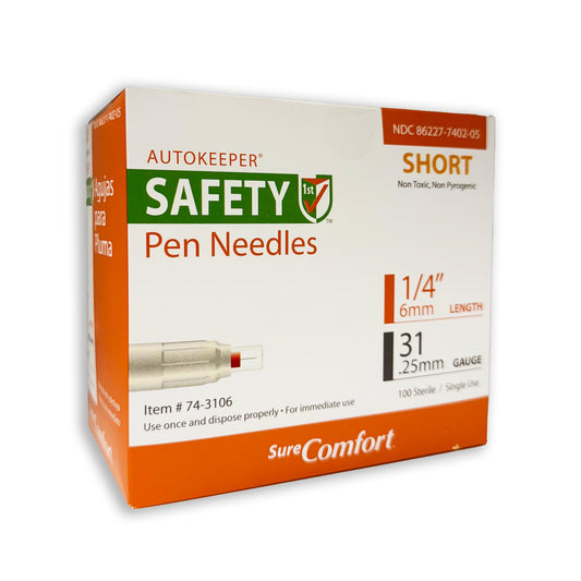 SureComfort safety pen needle box front, sterile single-use packaging