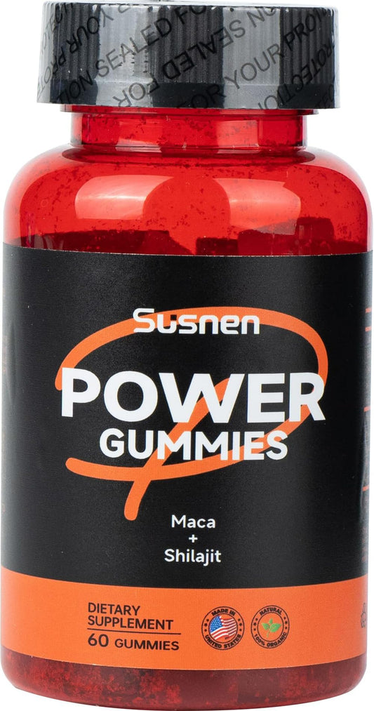 Susnen Power Gummies bottle and label showcasing Himalayan ingredients for daily energy.