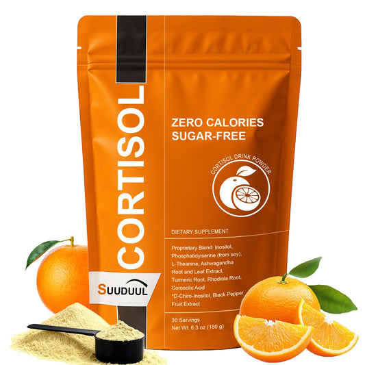 SUUDUUL Cortisol Drink bag with scoop; convenient daily serving for stress support.