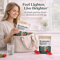 SUUDUUL Probiotic Kombucha Gummies elm bark visuals convey herbal support.