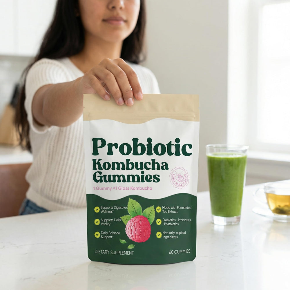 SUUDUUL Probiotic Kombucha Gummies packaging design on shelf.