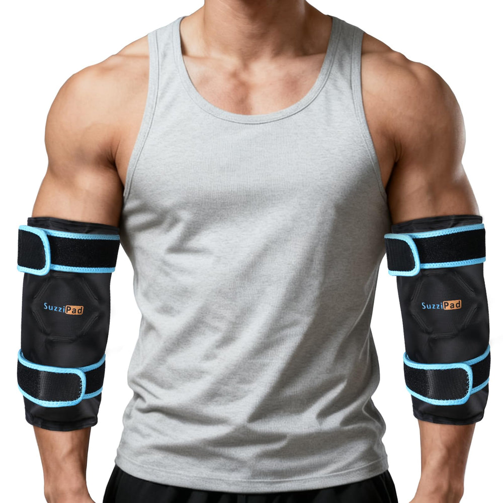 SuzziPad elbow wrap showing 360° cooling coverage for full arm relief