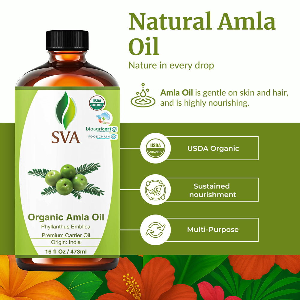 SVA Organics Amla Oil label close-up showing organic, preservative-free formula