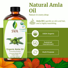 SVA Organics Amla Oil label close-up showing organic, preservative-free formula