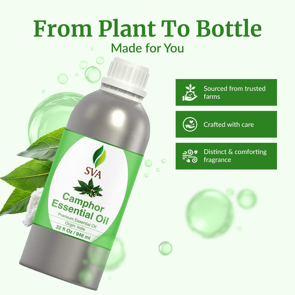 SVA Organics camphor oil ready for body massage with carrier oil blend.