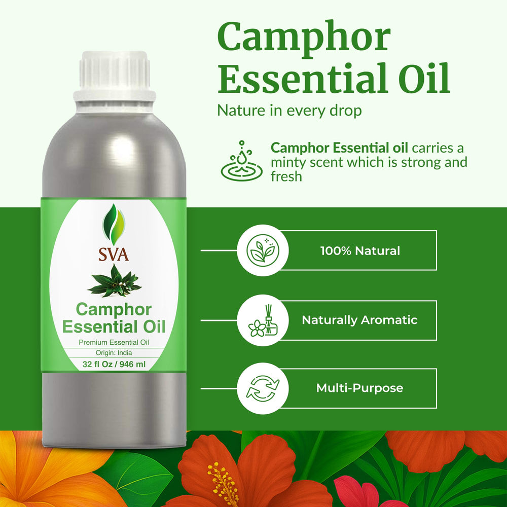 SVA Organics camphor oil bottle designed for hair care and scalp massage routines.