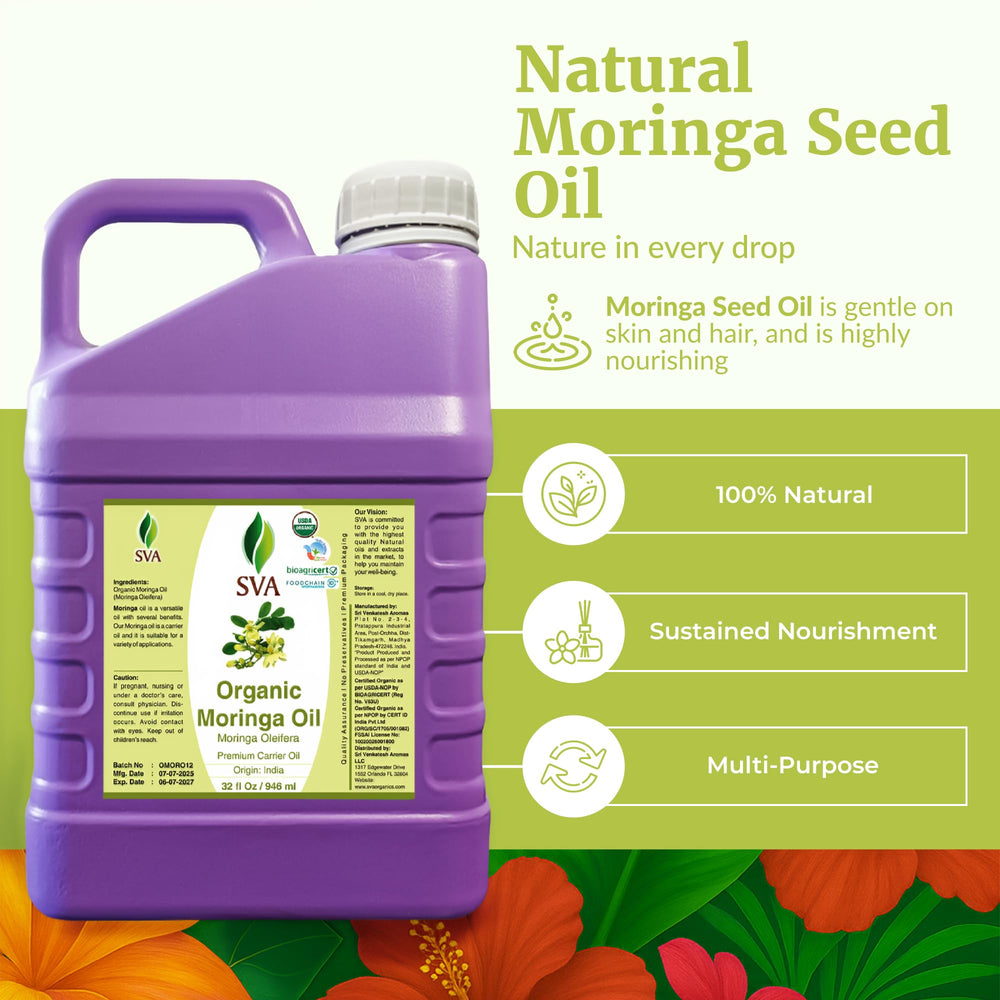 SVA Organics Moringa oil in glass bottle preserves purity and freshness for skin and hair