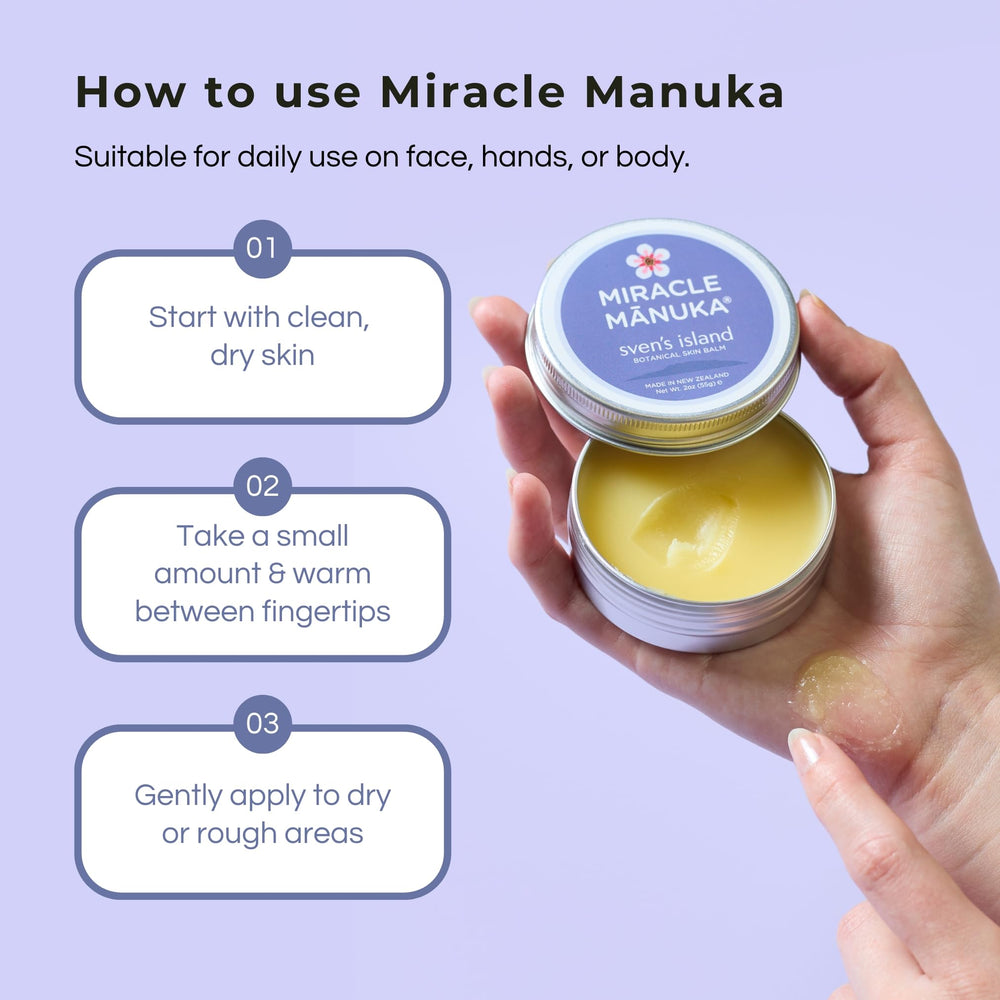 Sven's Island Miracle Manuka balm in use on skin demonstrates smooth application.