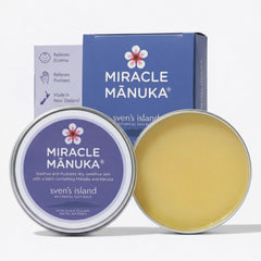 Sven's Island Miracle Manuka balm packaging highlights a natural, sensitive-skin friendly formula.