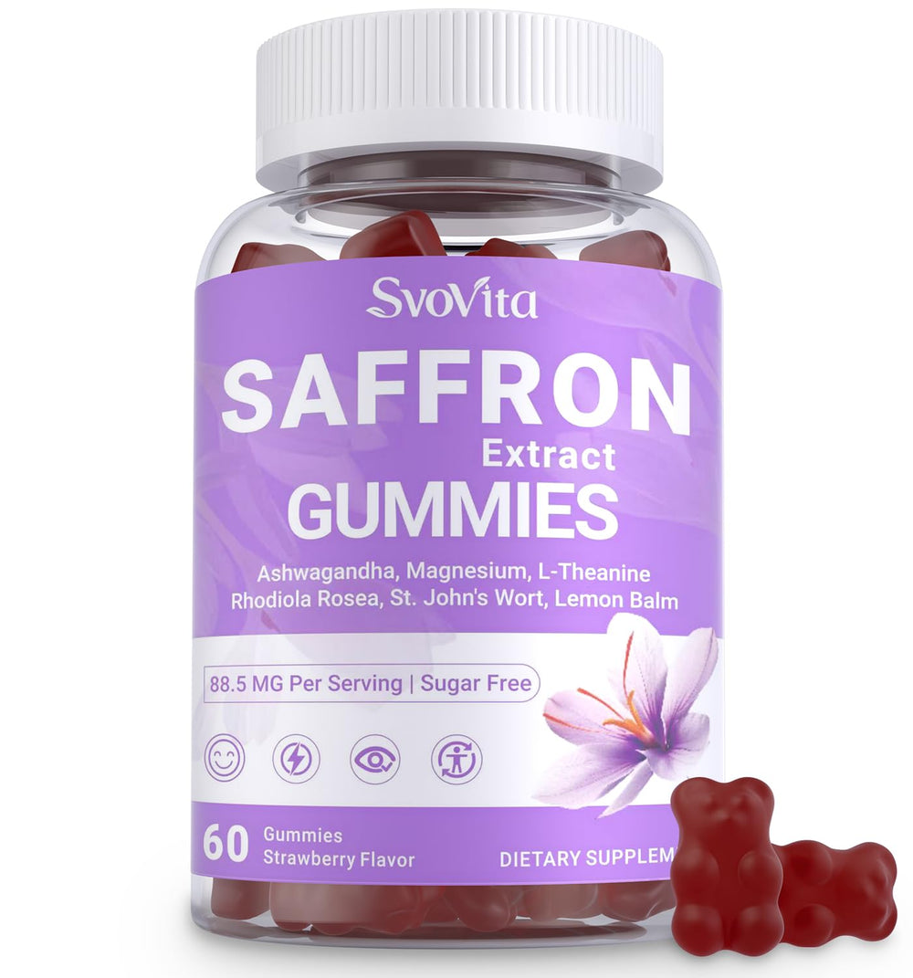 Svovita Saffron Gummies bottle on table highlighting daily vitality.