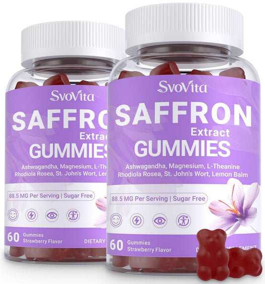 Svovita saffron gummies front view with strawberry flavor for daily wellness.
