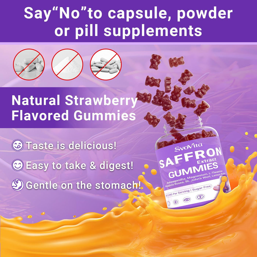 Svovita saffron gummies vegan and gluten-free labeling.