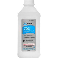Swan 70% isopropyl rubbing alcohol label view with clear handling instructions.