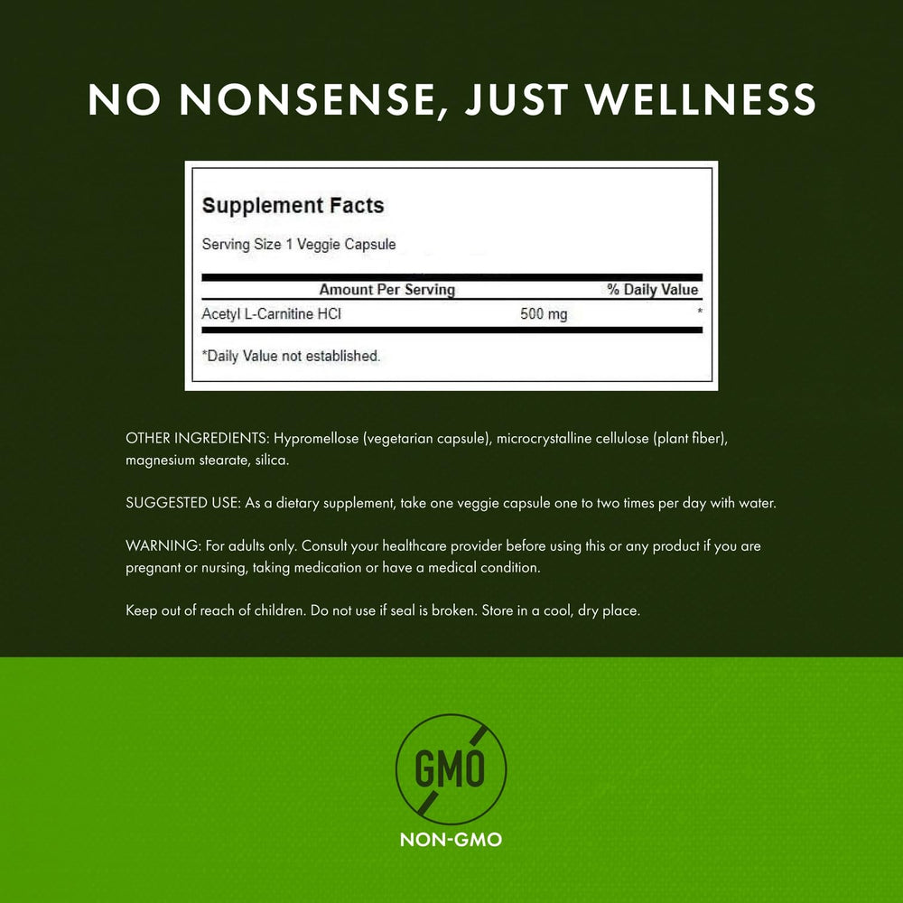 Label detail highlights 500 mg per capsule in Swanson Acetyl-L-Carnitine