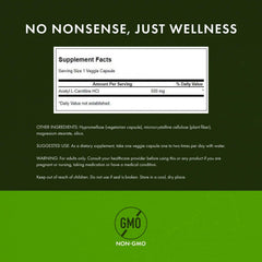 Label detail highlights 500 mg per capsule in Swanson Acetyl-L-Carnitine