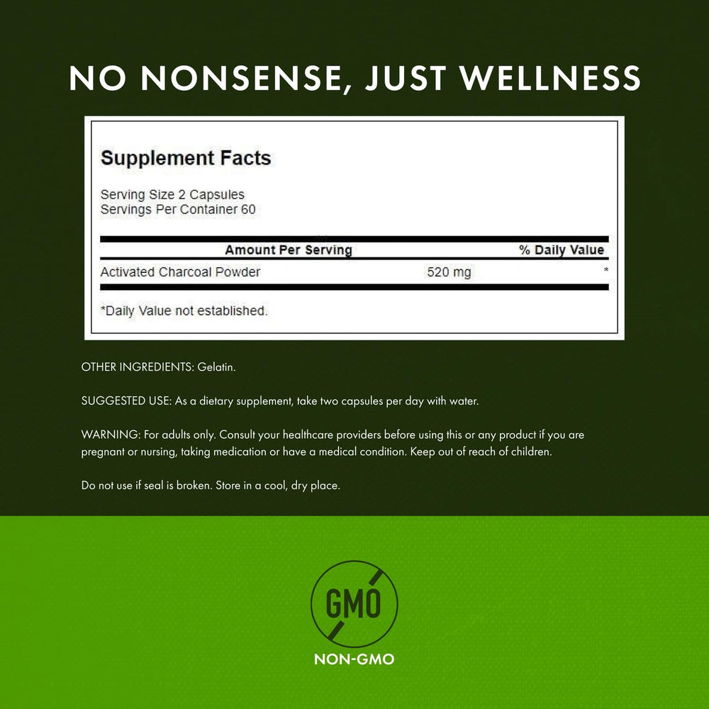 Swanson Activated Charcoal bottle label emphasizing trusted quality and safety