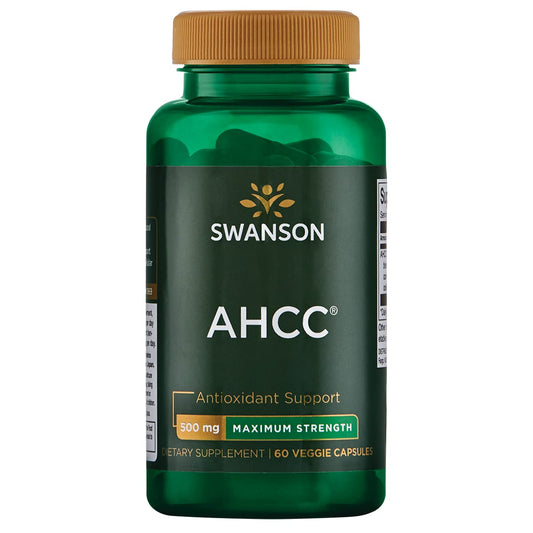 Swanson AHCC bottle cap close-up showing easy-to-swallow capsules for daily immune support.