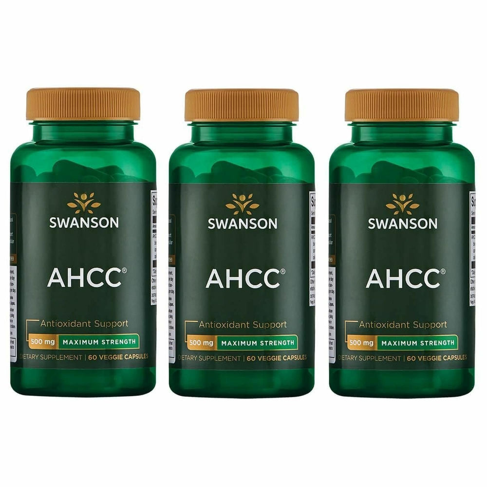 Swanson AHCC bottle front view shows 500 mg capsules for immune support.