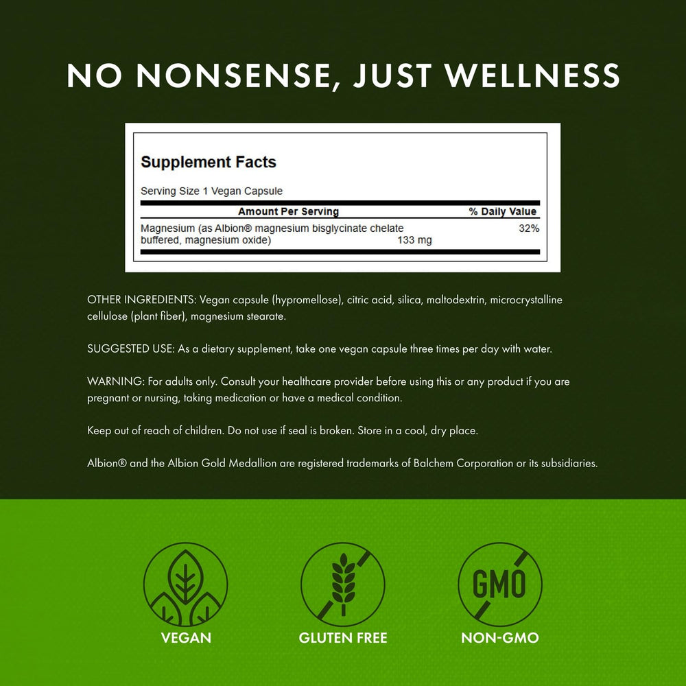 Swanson Albion Magnesium Glycinate 3-pack packaging highlights vegan, non-GMO quality.