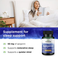 Swanson Apigenin bottle packaging showcasing trusted quality and dosage information.