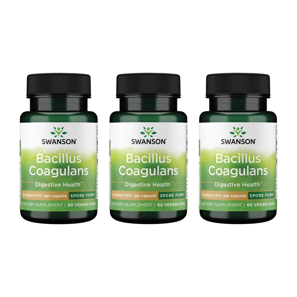 Swanson Bacillus Coagulans bottle front showing triple-pack for convenient gut support.