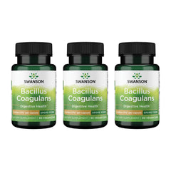 Swanson Bacillus Coagulans bottle front showing triple-pack for convenient gut support.