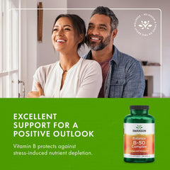 Swanson Balance B-50 Complex packaging highlights heart health and metabolism benefits.