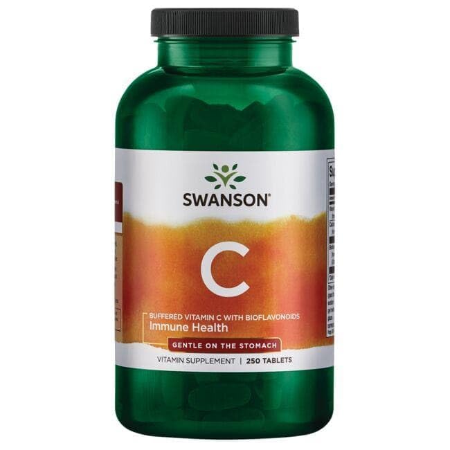 Swanson Buffered C bottle close-up showing 1,000 mg per tablet.