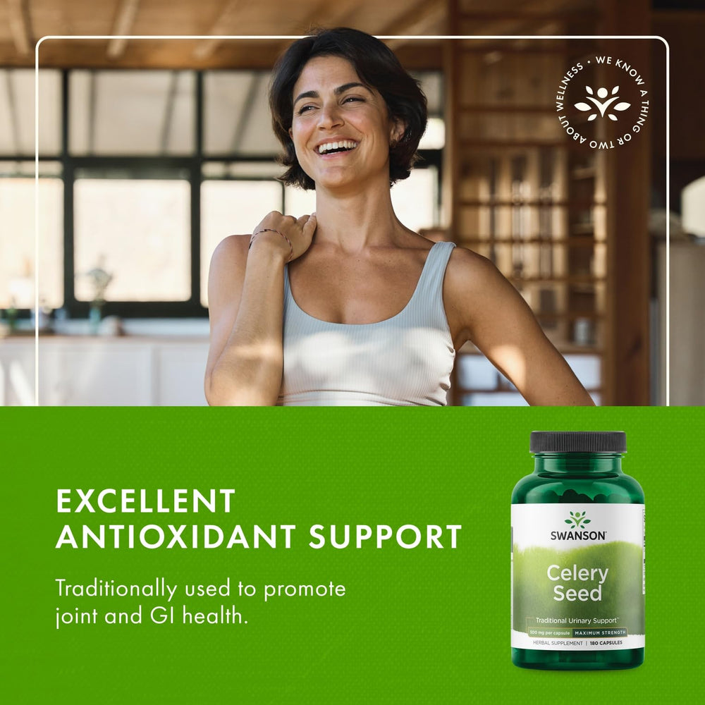 Swanson Celery Seed Maximum Strength bottle with water for easy daily intake