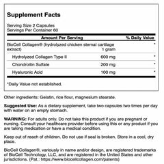 Swanson Chicken Sternum Cartilage bottle label upclose showing ingredients and serving size