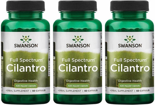 Swanson Cilantro capsules bottle close-up highlighting full-spectrum coriander for digestive health