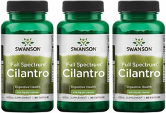 Swanson Cilantro capsules bottle close-up highlighting full-spectrum coriander for digestive health