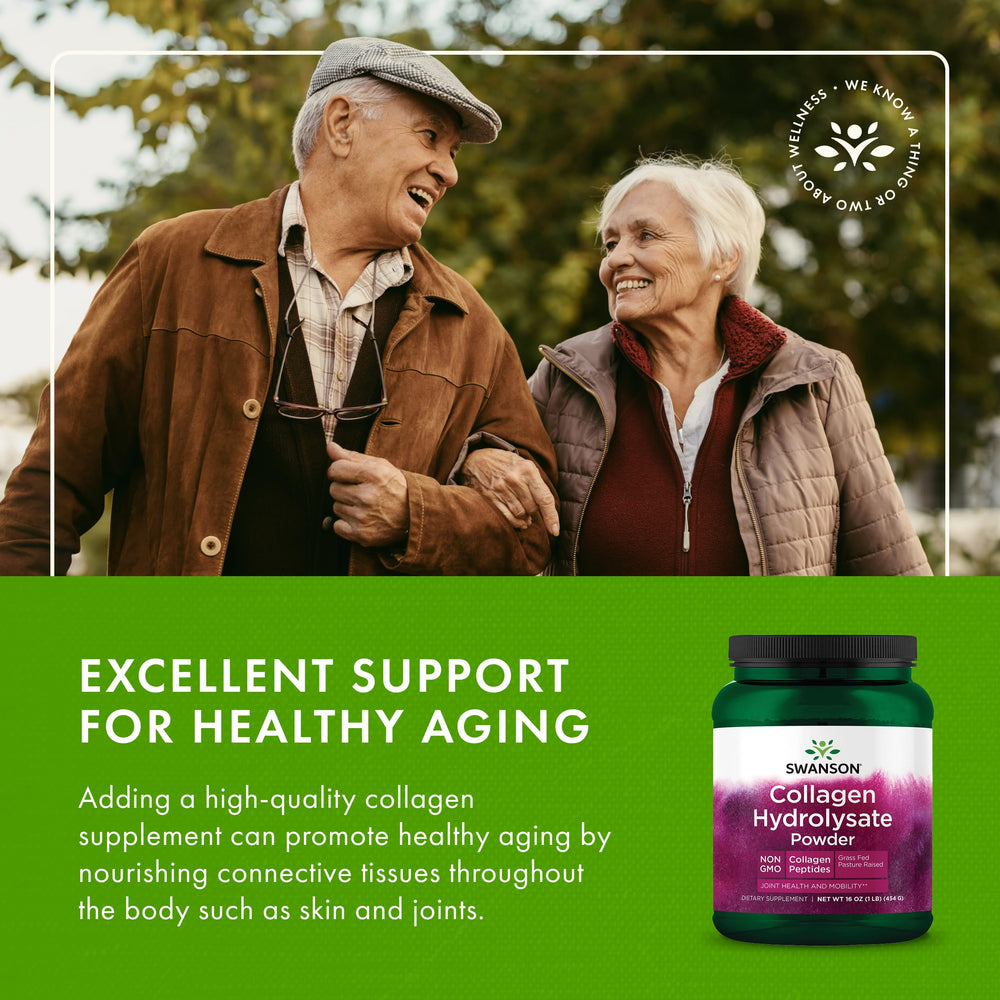Swanson collagen hydrolysate powder jar close-up emphasizing high-quality hydrolyzed protein.