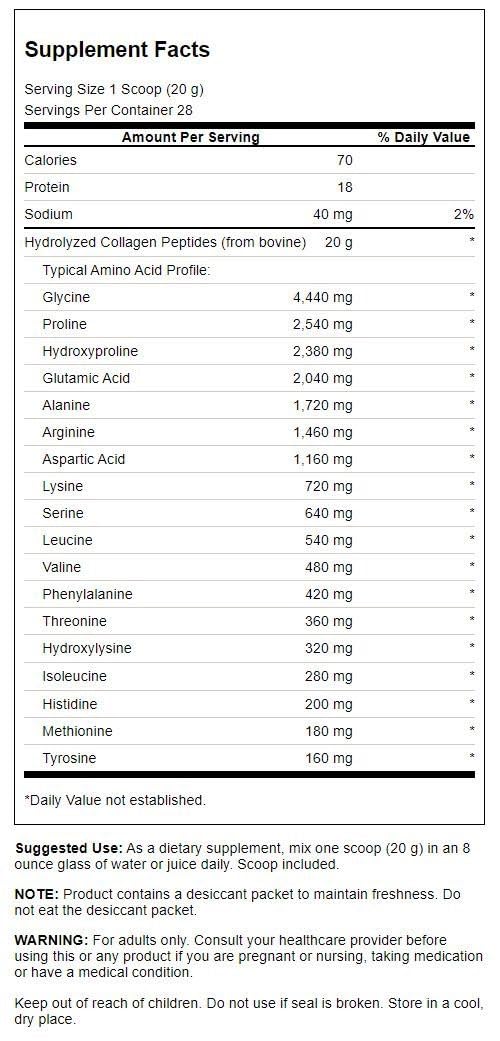 Swanson Collagen Peptides unflavored powder pour, ideal for daily mixing and skin hydration.