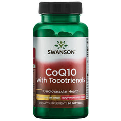 Swanson CoQ10 bottle with 200 mg and 20 mg tocotrienols for heart support.