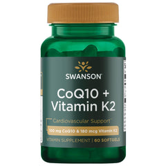 Swanson CoQ10 Vitamin K2 60 Sgels bottle highlighting arterial flexibility and heart support.