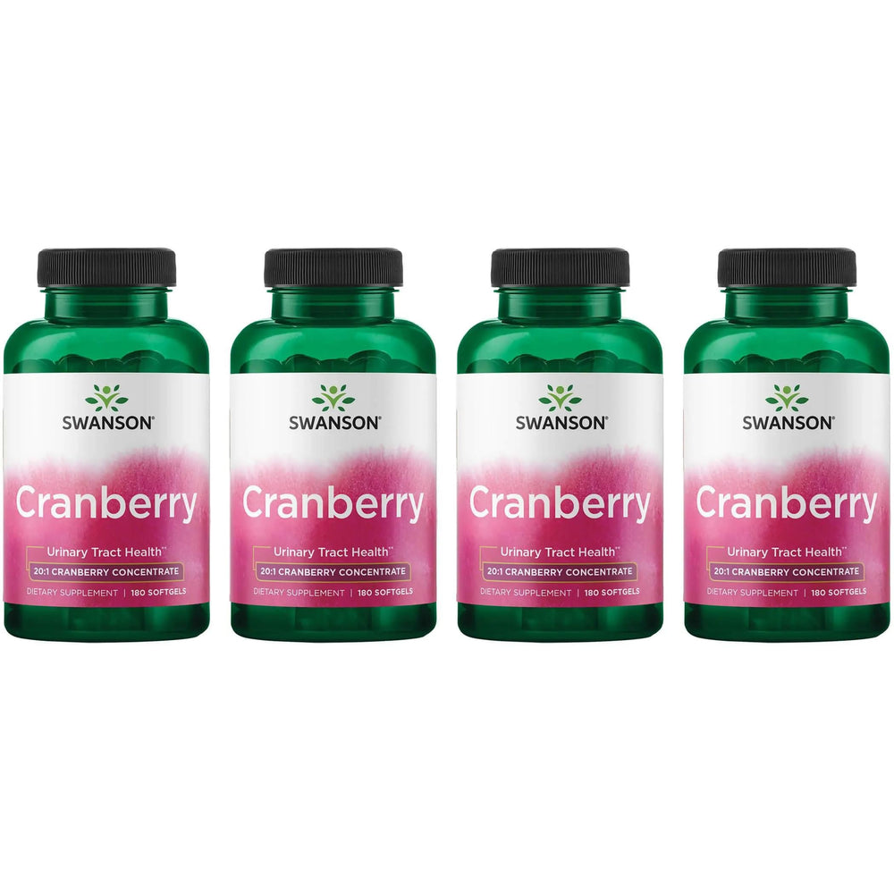 Swanson Cranberry bottle-front view showing 4 pack and 180 softgels for daily urinary health support