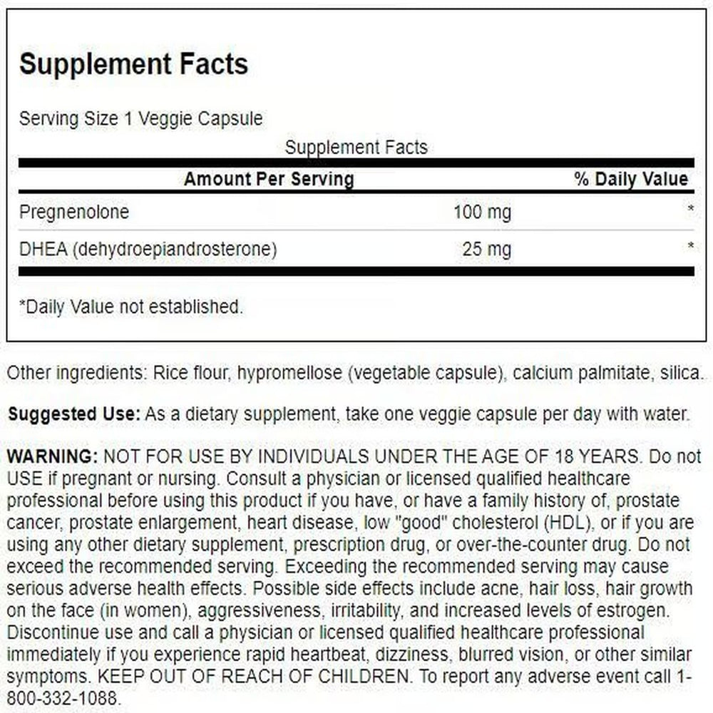 Swanson DHEA and Pregnenolone capsules on shelf for healthy aging support.