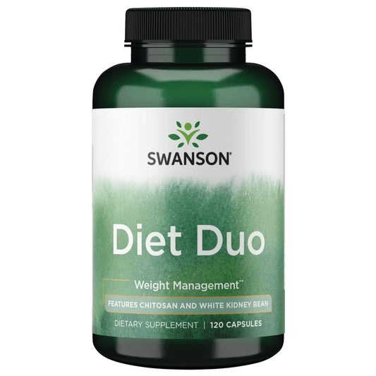 Swanson Diet Duo bottle front shows compact capsules for convenient daily use in weight management