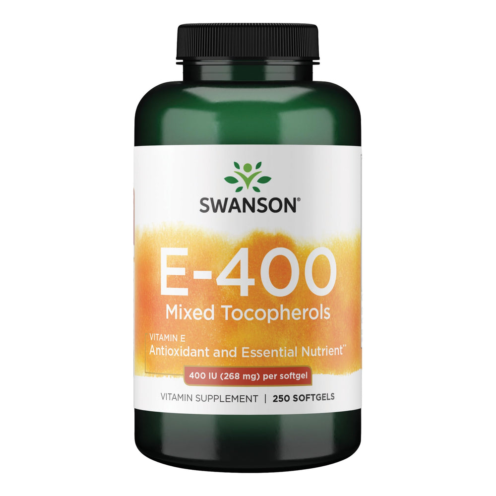 Swanson E-400 mixed tocopherols softgels for daily antioxidant support.