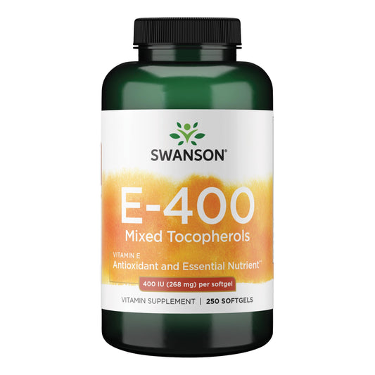 Swanson E-400 mixed tocopherols softgels for daily antioxidant support.