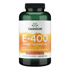 Swanson E-400 mixed tocopherols softgels for daily antioxidant support.