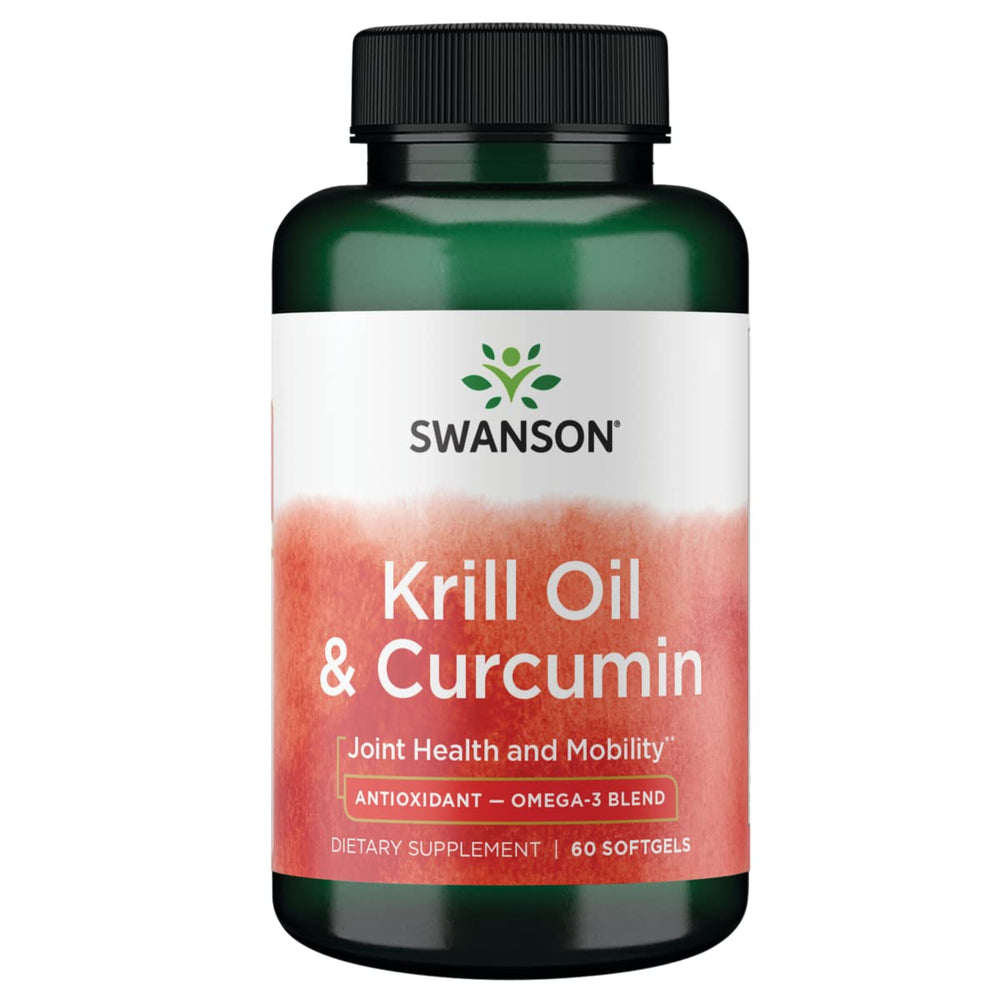 Swanson EFA Krill Oil & Curcumin bottle close-up highlighting joint support.