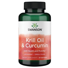 Close-up of Swanson EFA Krill Oil & Curcumin label detail.