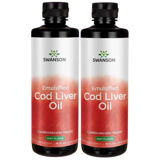 Swanson emulsified cod liver oil mint bottle front promotes daily wellness with a minty taste.