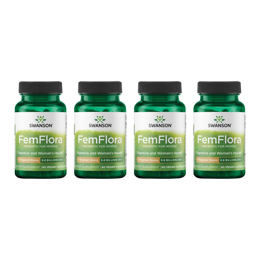 Swanson FemFlora bottle front highlighting the feminine probiotic formula for gut, oral, and vaginal support
