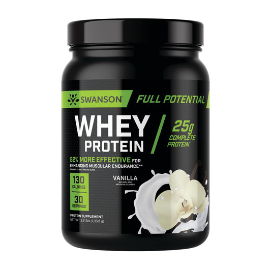 Swanson Full Potential Whey Protein Vanilla bottle for convenient protein fueling