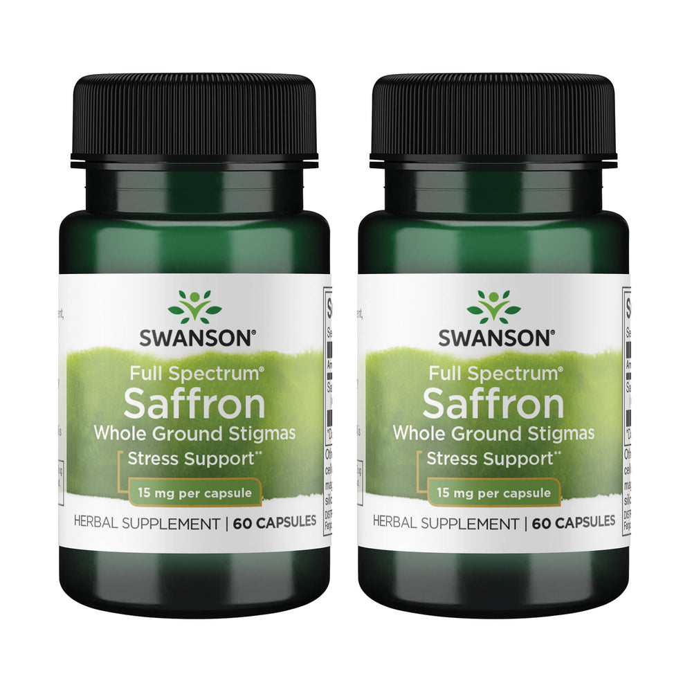 Swanson Full Spectrum Saffron bottle front, premium saffron capsules for daily mood support.